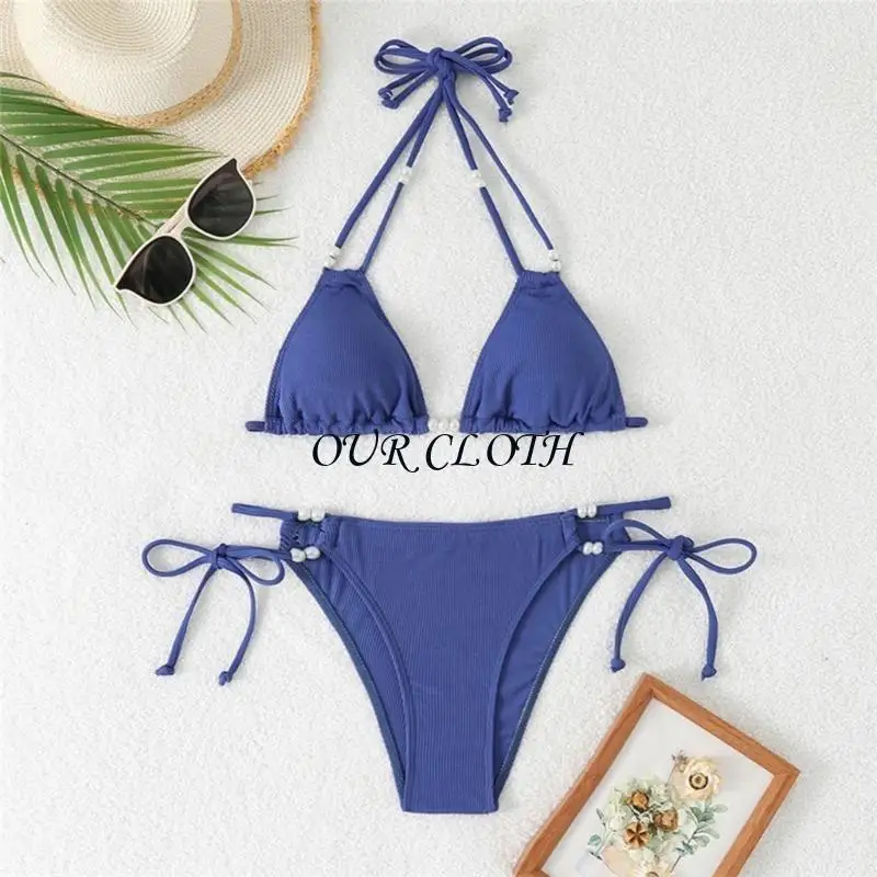 Women Split Swimsuit Thong Set Solid Strappy Swimming Suit High Cut Beachwear Y1AC