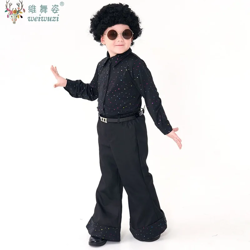 어린이 레트로 70s 디스코 의상 할로윈 카니발 어린이 스팽글 가수 댄서 코스프레 옷 소년 가발 셔츠 바지 의상
