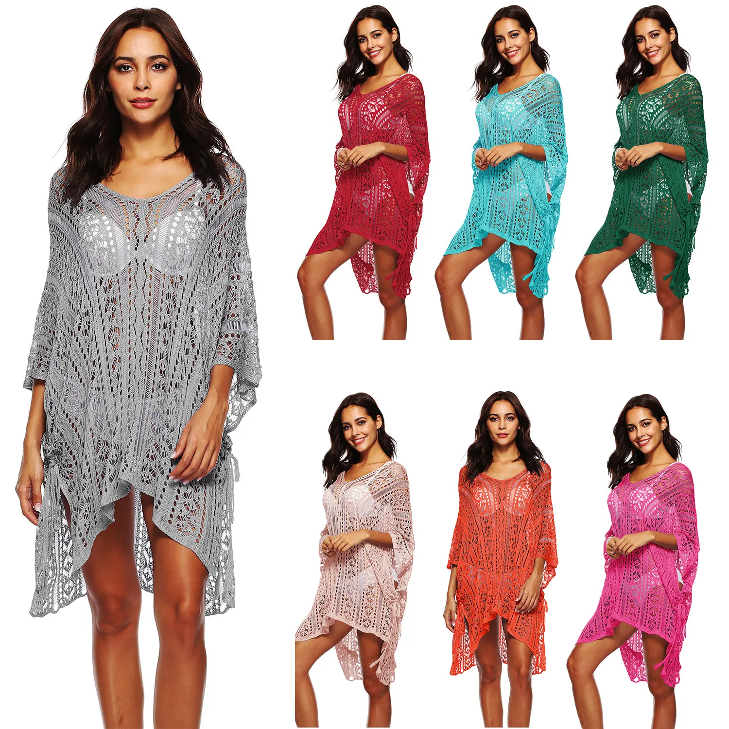 เซ็กซี่ด้านข้างแยก Hollow Out ชุดชายหาดสําหรับผู้หญิงบิกินี่ Cover - up V คอ Batwing Sleeve หลวมฟรีขนาดครีมกันแดดชุดว่ายน้ํา Coat