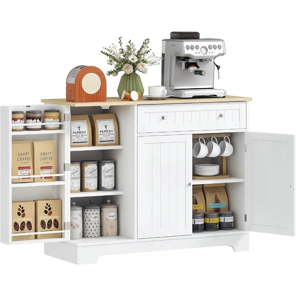 خزانة قهوة وبار معاصرة مع مساحة تخزين، بوفيه خزانة جانبية مع أدراج، أرفف قابلة للتعديل، مخزن مطبخ مدمج #1