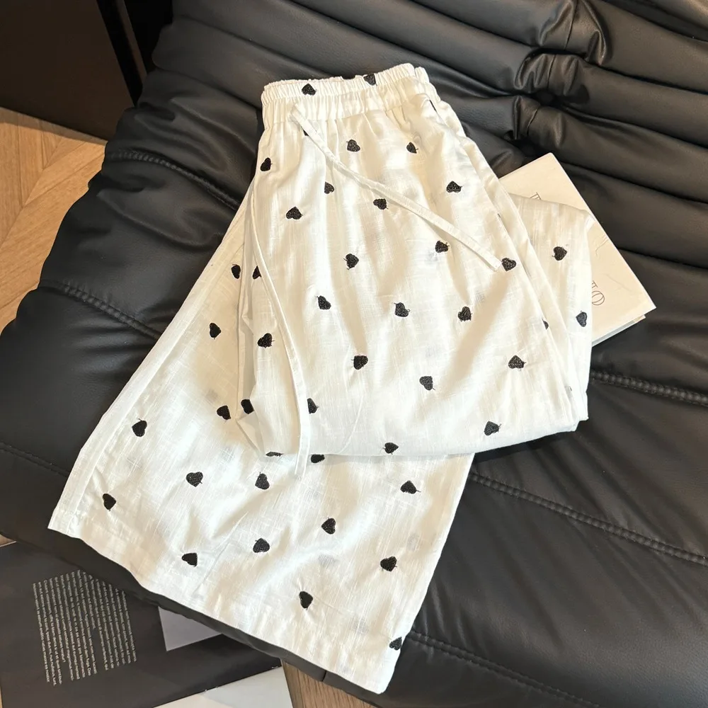 

Корейские повседневные льняные брюки в стиле Lazy White Love с вышивкой, женские летние брюки с высокой талией, прямые, широкие, струящиеся