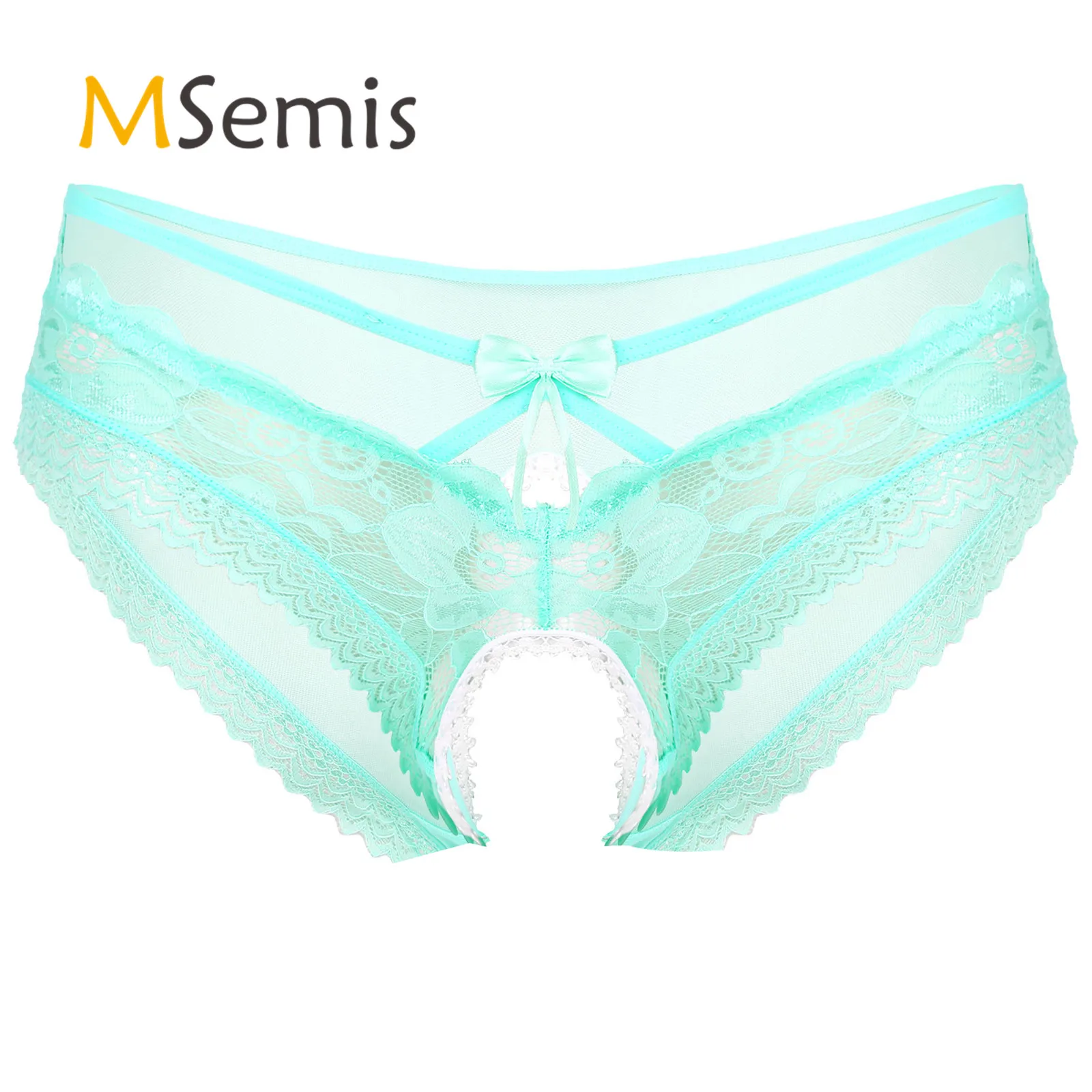 Mens See-Through Mesh Lace Briefs Panties Lingerie Open Crotch Sissy Underwear Bowknot Strappy Crotchless Underpants