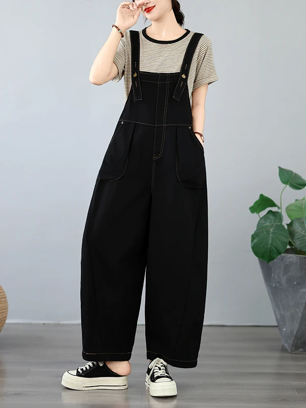 plus Size Denim Overalls Women's Casual Loose Wide Leg Pockets Belly Covering Anti-Aging Jeans Cotton Polyester Blend