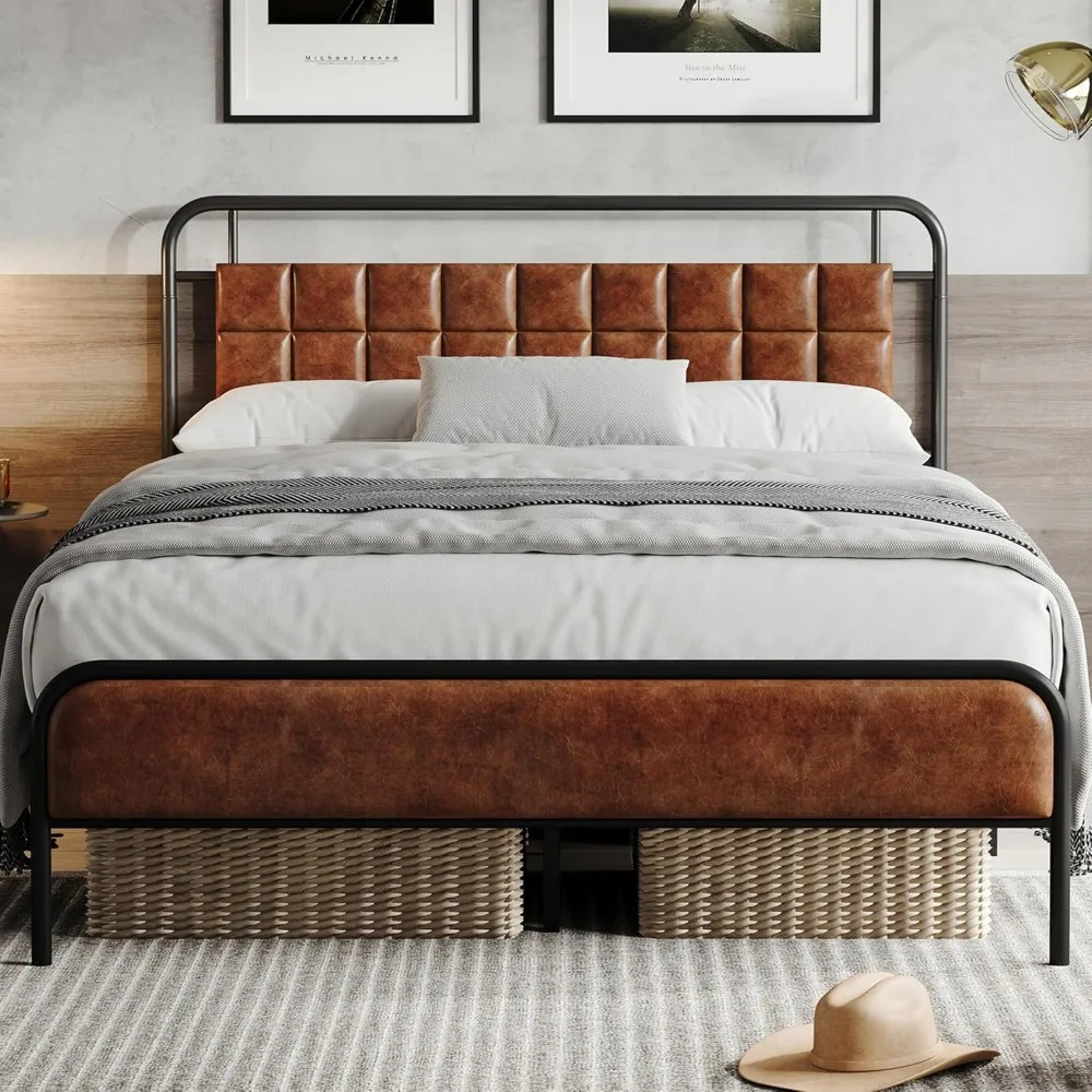 

PU Leather Queen Bed Frame, Queen Size Metal Platform Beds with Upholstered Headboard & Footboard, 12" Underbed Storage Space, E