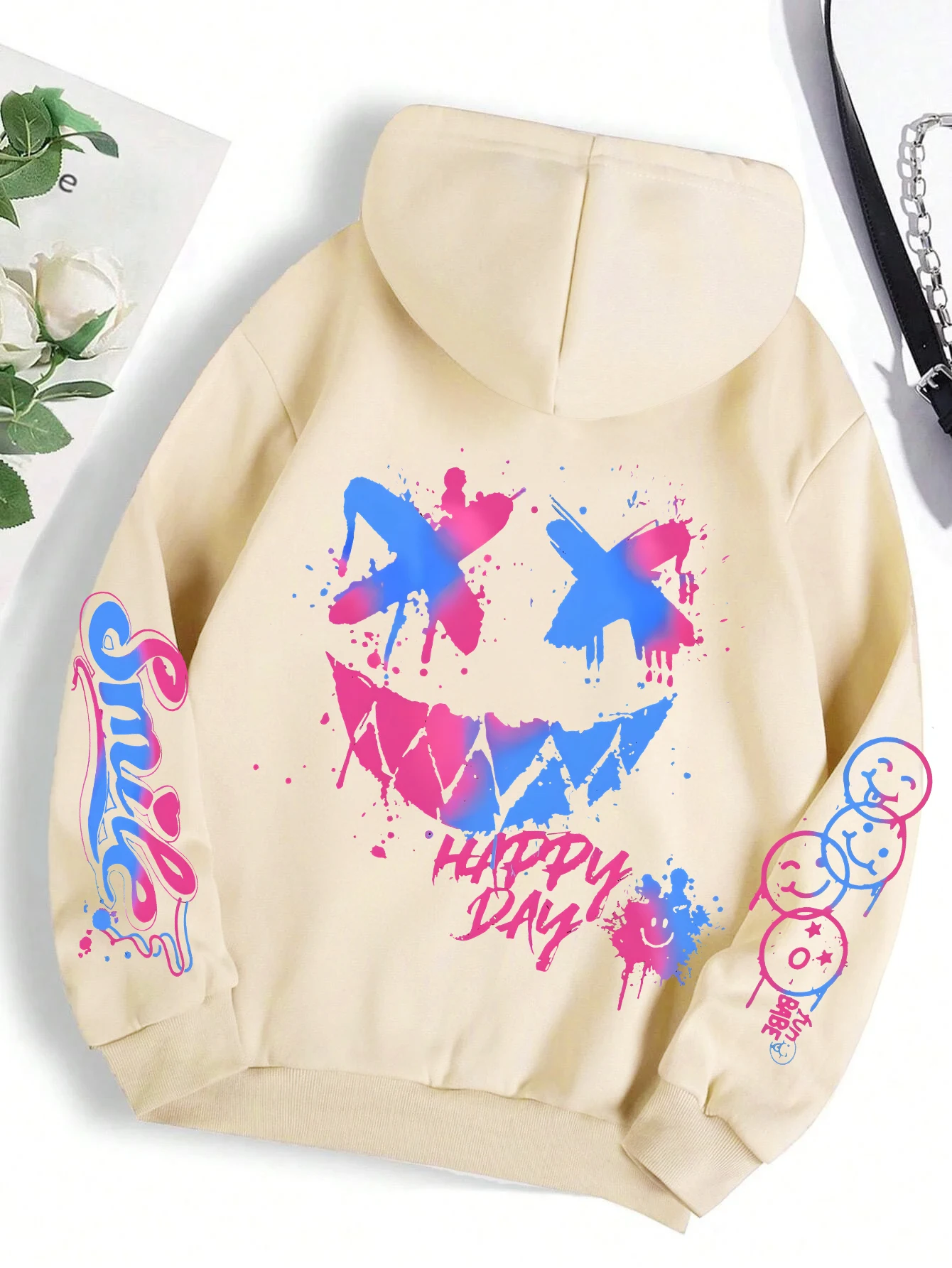 Smiley Face Splash Print Hoodie Japanese 2000s Style Y2k Oversized Jacket 2024 Winter Women's Long Sleeve Sports Pullover