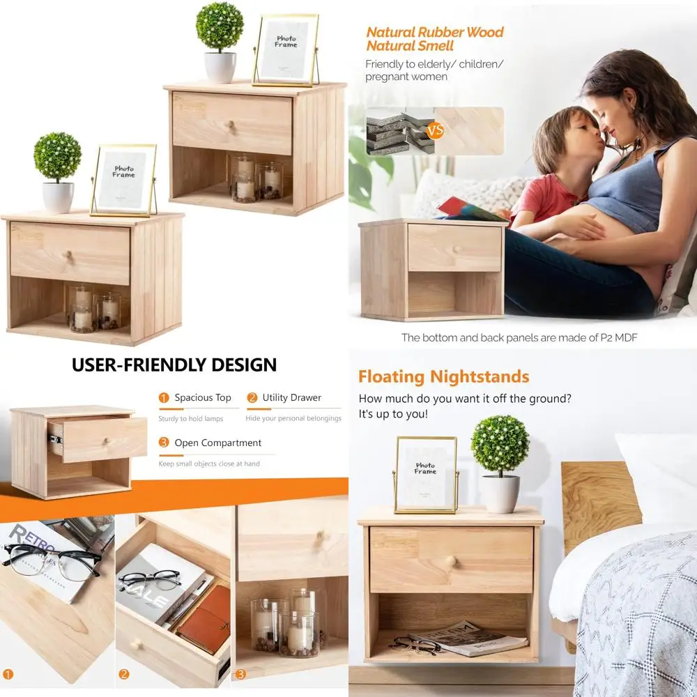 

Natural Solid Wood Floating Nightstands for Bedroom, Set of 2, Including Drawer and Open Shelf
