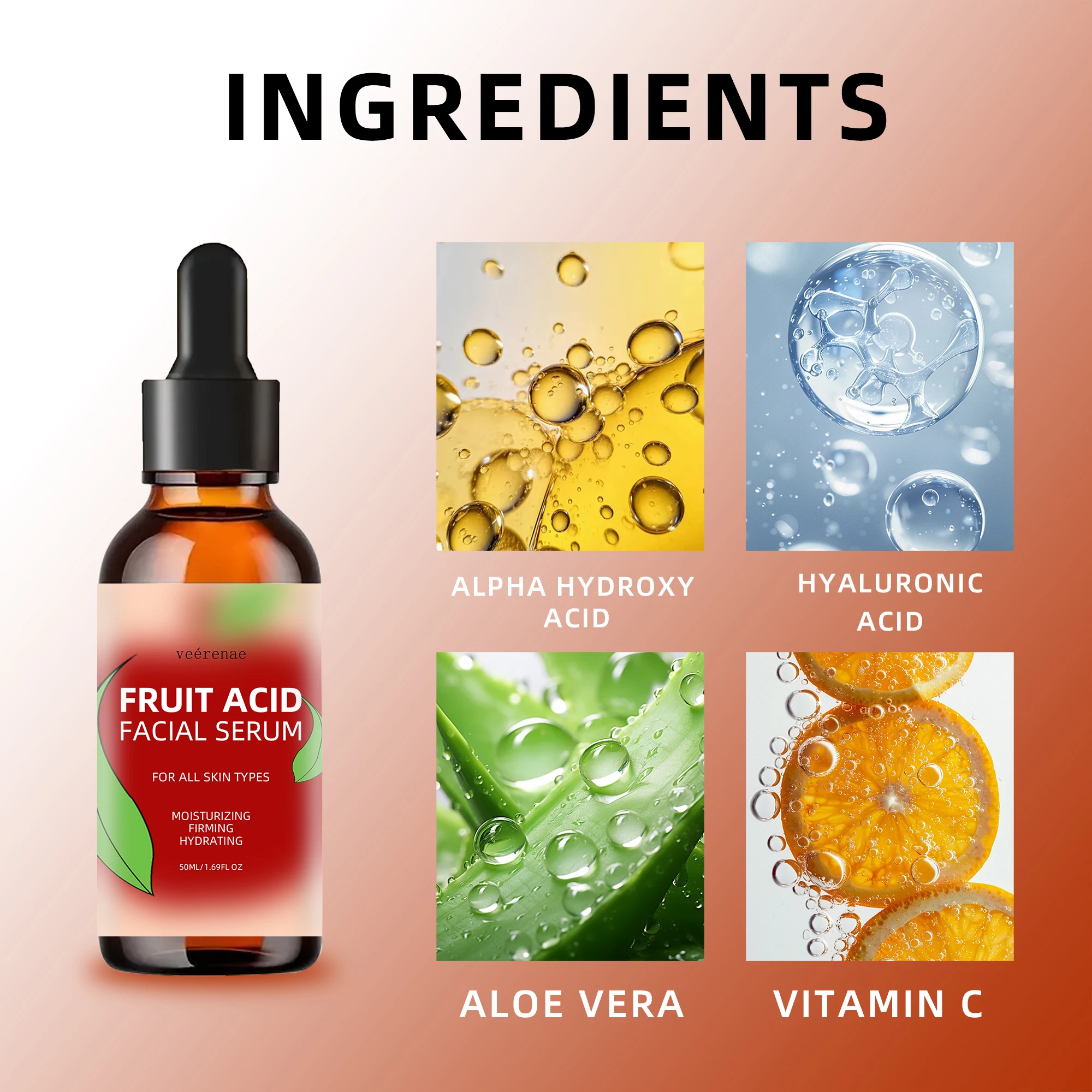 Veérenae FRUIT ACID FACIAL SERUM, Day & Night Moisturizing & Firming Serum, For Normal & Oily Skin, Oil-Free