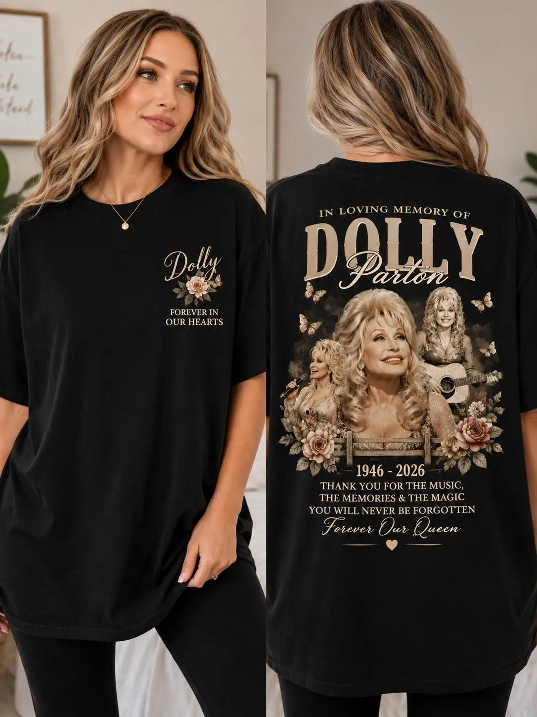 Dolly Parton Double Sided Print T‑Shirt Country Music Singer Memorial Graphic Tee Vintage Short Sleeve Casual Fan Gift Tops