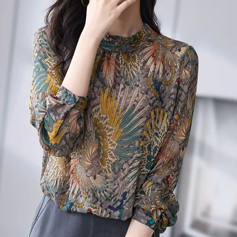 Vintage Folk Floral Printed Stand Collar Blouse Casual Loose Chic Diamonds 2023 Spring Autumn Female Clothing Long Sleeve Shirt