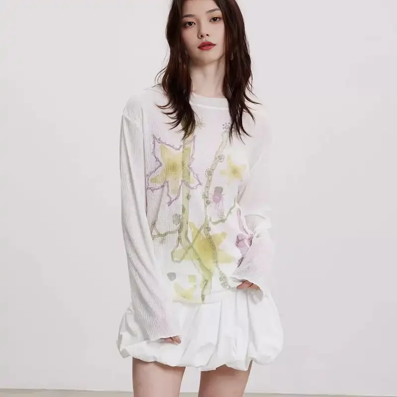 

Women's White Floral Print Sheer Blouse Long Sleeve Crew Neck Loose Casual Top