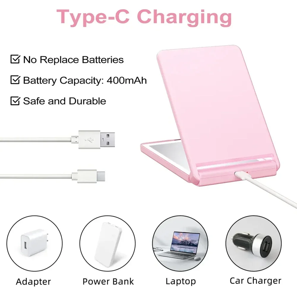 مرآة سفر قابلة لإعادة الشحن، مرآة مدمجة تكبير 1 ×/2 ×، 3 ألوان، مرآة مكياج محمولة للجيب #5