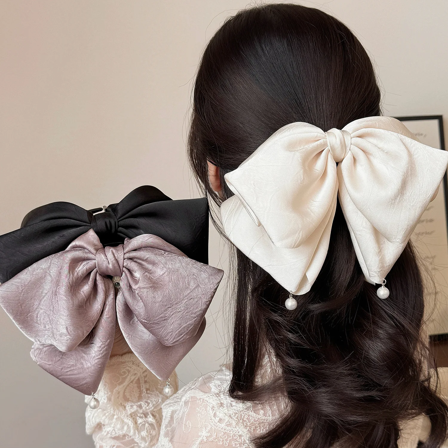 

1 шт. Большая многослойная атласная заколка-бант с жемчугом, элегантная французская роскошная заколка-краб для волос для женщин, для пучка на затылке