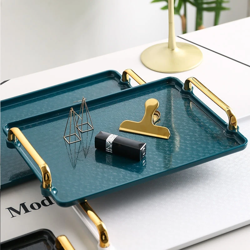 Plastic Rectangular Tray Gold Handle Storage Tray Cosmetic Water Cup Fruit Storage Decorative Container Home Kitchen Supplies