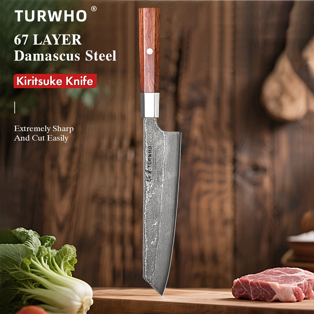 

TURWHO 8.2-inch Japanese Handmade Kiritsuke Knife Damascus Steel Professional Chef Knives Kitchen Cleaver Bunka Cooking Tools