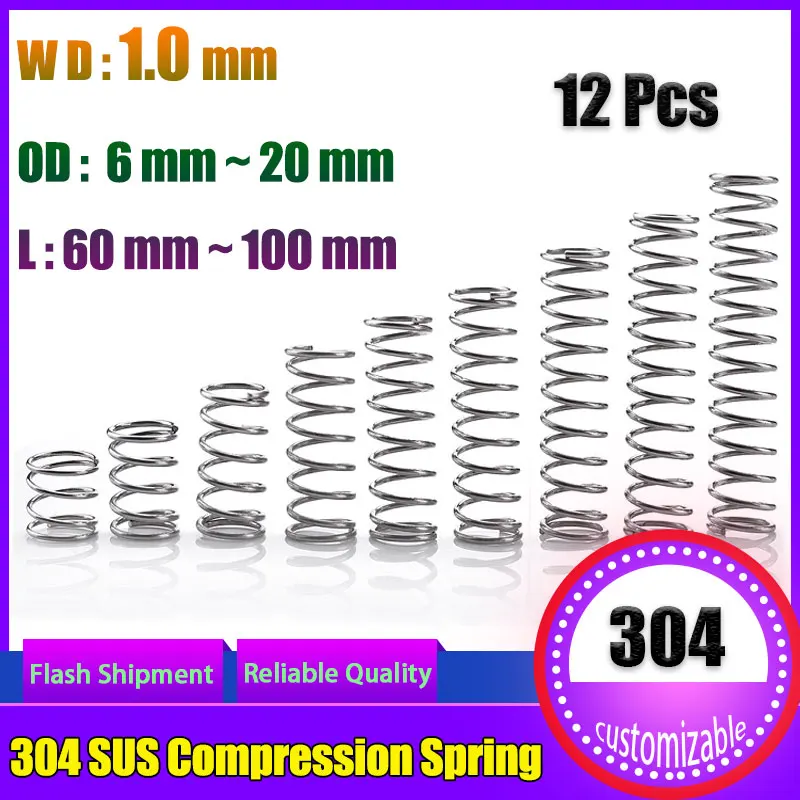 12 Pcs Compression Spring Return Compressed Pressure Springs Wire Diameter 1.0 mm 304 Stainless Steel Outside Diameter 6~20mm