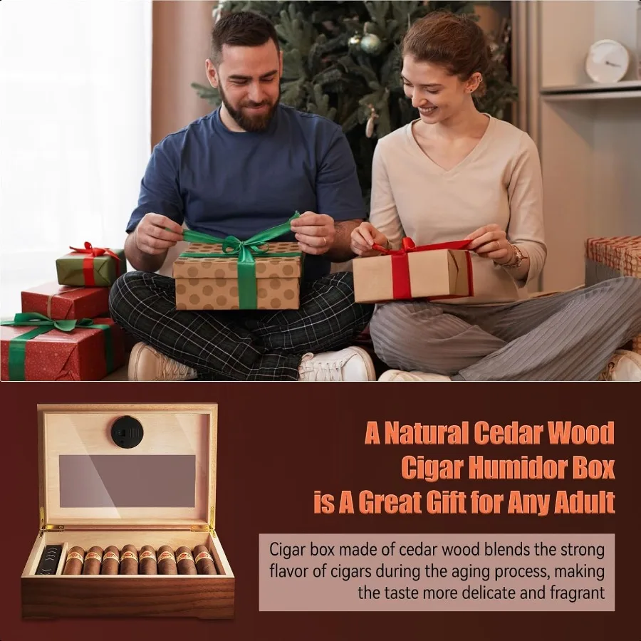 Cigar Humidor Box Cedar Wood Brown Men Desktop Case Gift for Father with Glass Top Digital Hygrometer Humidifier for 2025 Cigar