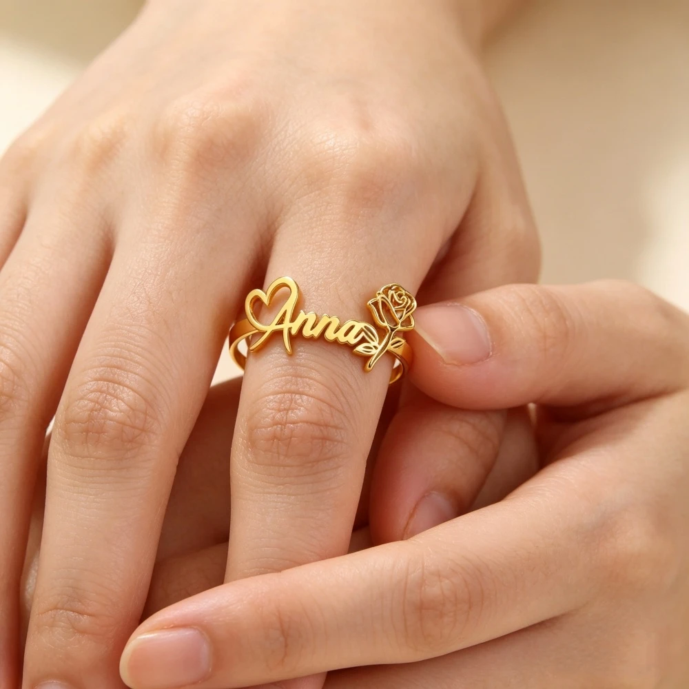Custom Name Heart Rose Flower Rings For Women Stainless Steel Personalized Name Open Adjustable Rings Jewelry Gift For Her