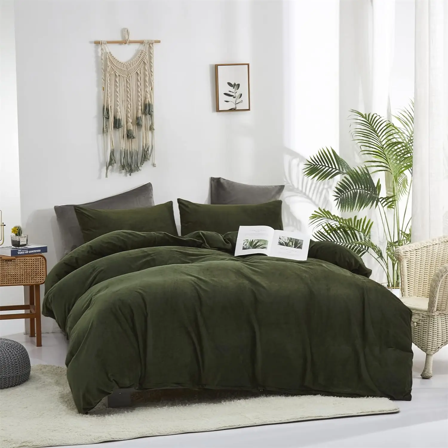 

Army Green Velvet Comforter Set Full Dark Flannel Bedding Blackish Green Minimalist Set Heavyweight