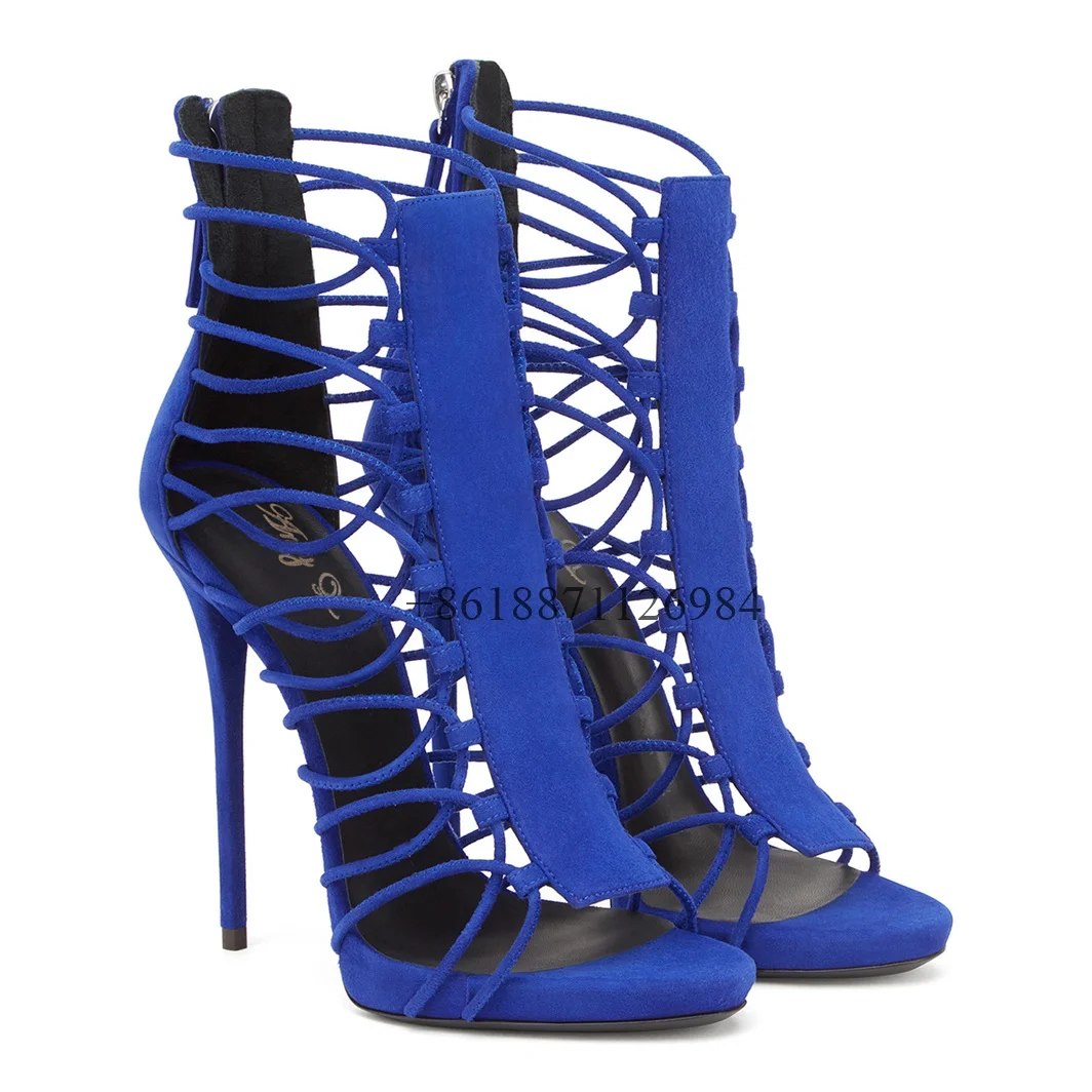 

Sexy Style Cross-Strap Peep Toe Summer Women Sandals Stiletto Super High Heels Back Zipper Design Large Size Shoes