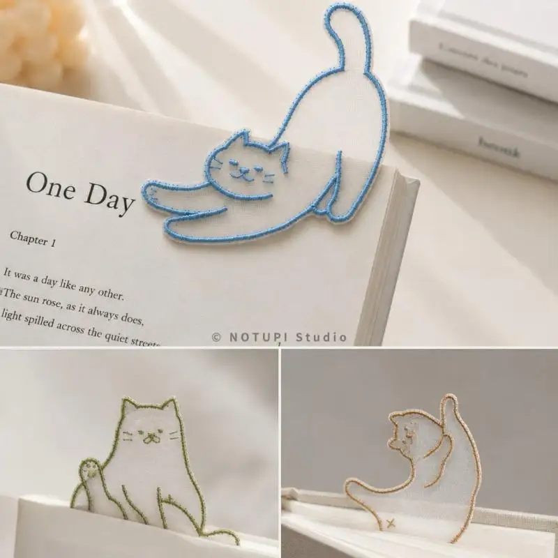 2026 NEW Embroidered Cat Fruit Vegetable Organza Bookmark Lightweight Page Marker For Book Reading Lovers Decoration Gift