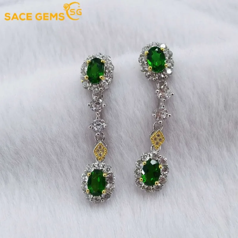 

SACE GEMS Drop Earrings for Women 925 Sterling Silver Certified 4*6MM Natural Diopside Stud Earrings Wedding Party Fine Jewelry