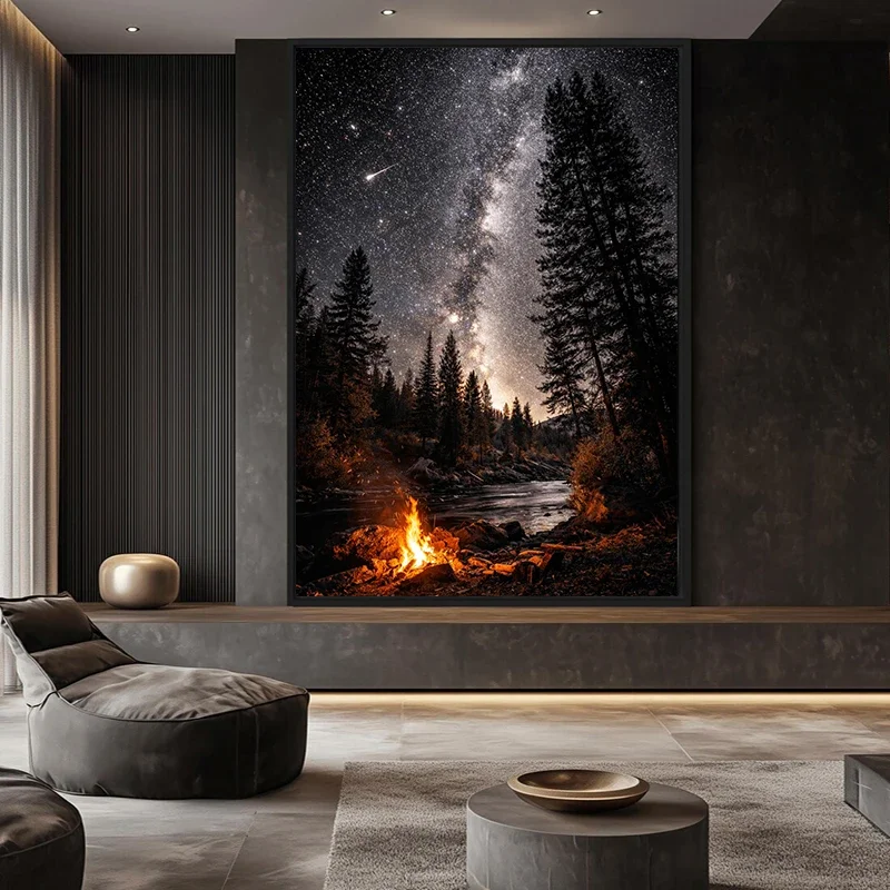 Starry Night Milky Way Campfire Forest River Landscape Poster and Prints Canvas Painting Wall Art Pictures Home Decor Cuadros