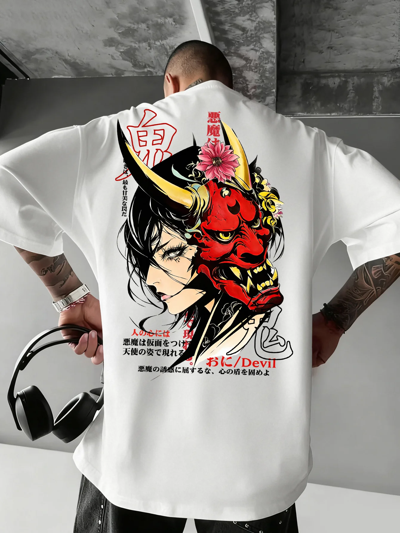 Japanese Hannya Oni Demon Mask Anime Graphic Tee for Men Breathable 100% Cotton Perfect for Summer Streetwear Trendy Edgy Style