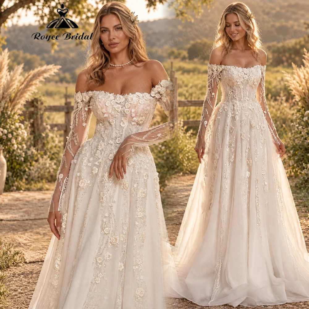 Roycebridal Boho 3D Flowers A Line Wedding Dresses 2027 Appliques Off The Shoulder Beach Bridal Gown Customized Vestido De Novia