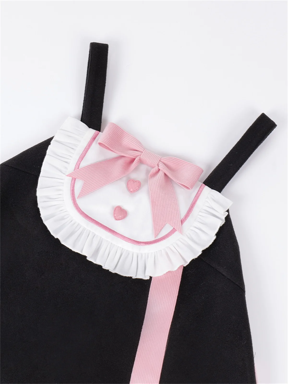 Japanese Sweet Style Lolita Cosplay Kawaii Girls Jsk Suit  Winter Warm Fluffy Love Button Apron Ribbon  Bowknot  Cute Suit