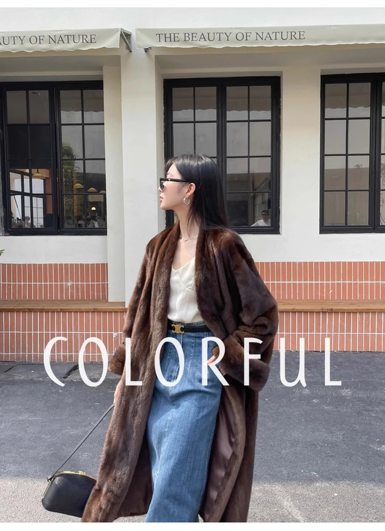 Lautaro Winter Long Vintage Elegant Luxury Chic Thick Warm Soft Brown Fluffy Faux Mink Fur Coat Women V Neck Furry Overcoat 2023