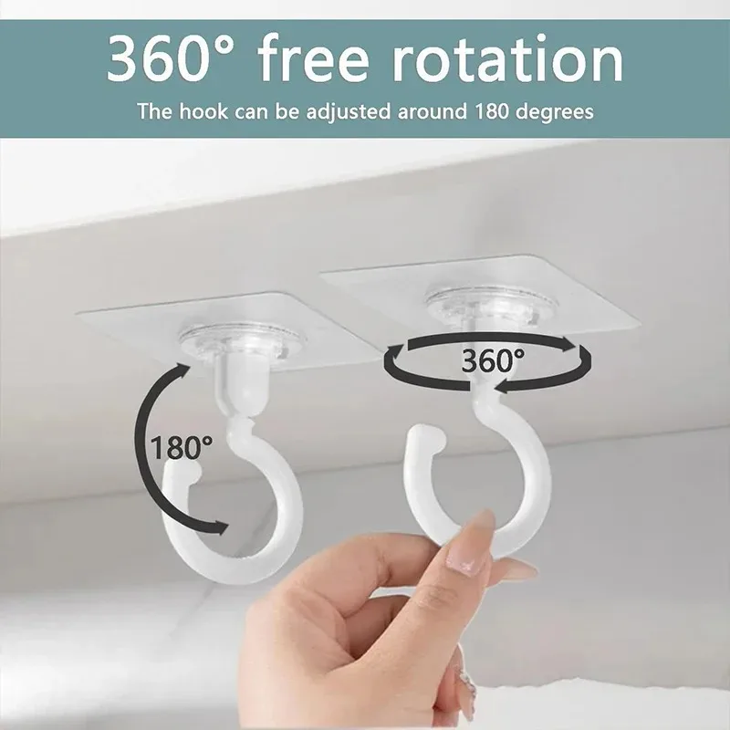 4pcs No Drill Ceiling Rotating Hooks, Adhesive Wall Door Mount Hangers for Kitchen Bathroom Wardrobe Clothes Storage Organizatio