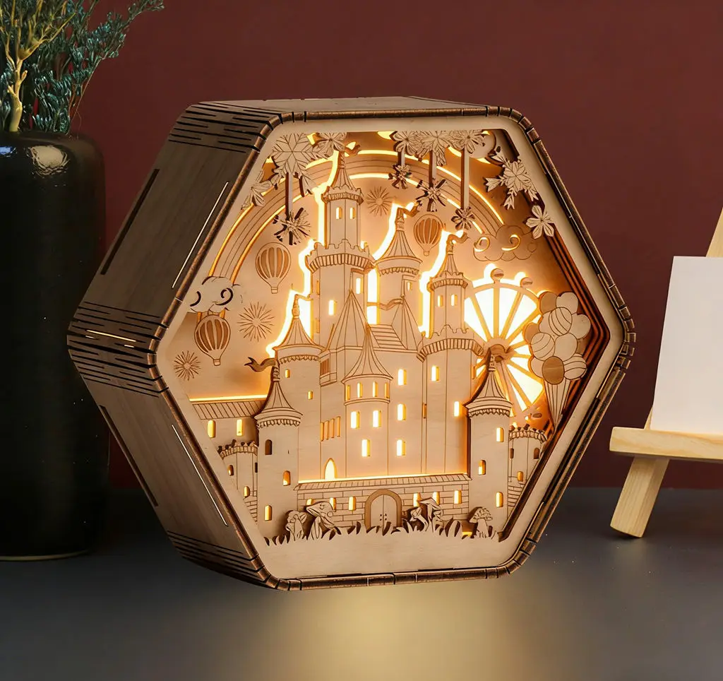 Custom 3D Castle Wooden Carved Light - Laser Engraved Shadow Night Light, Stereo Wood Tabletop Decor for Home & Gift