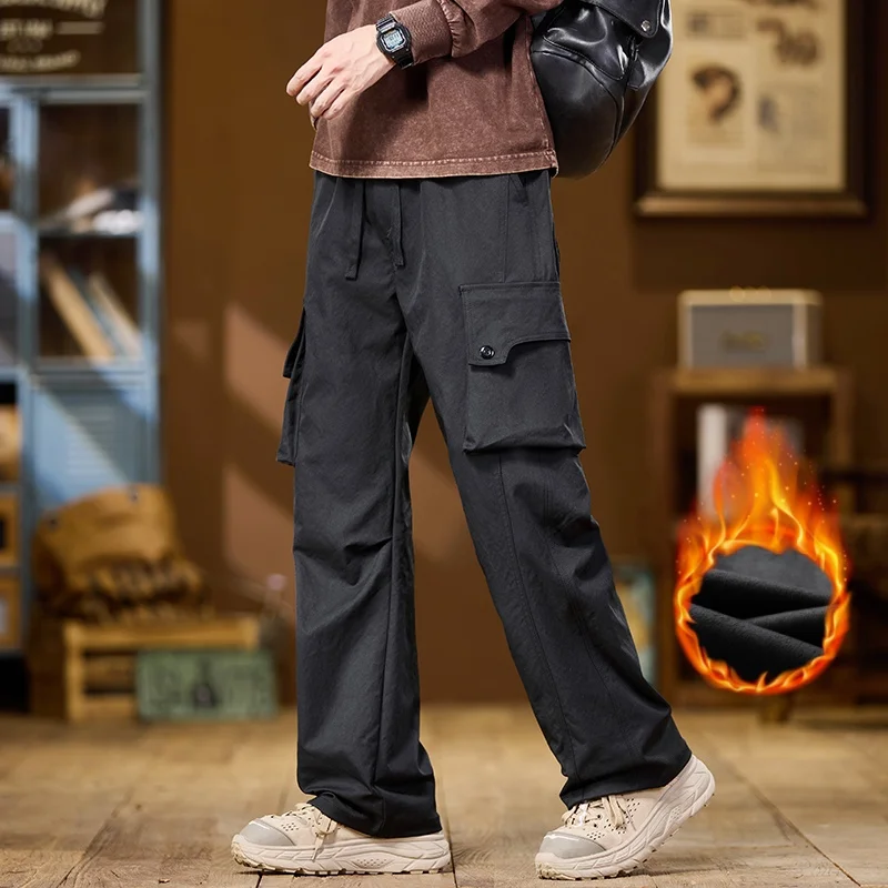Winter velvet thick work pants for sports and casual men, American loose straight leg elastic waist wide leg military  pants