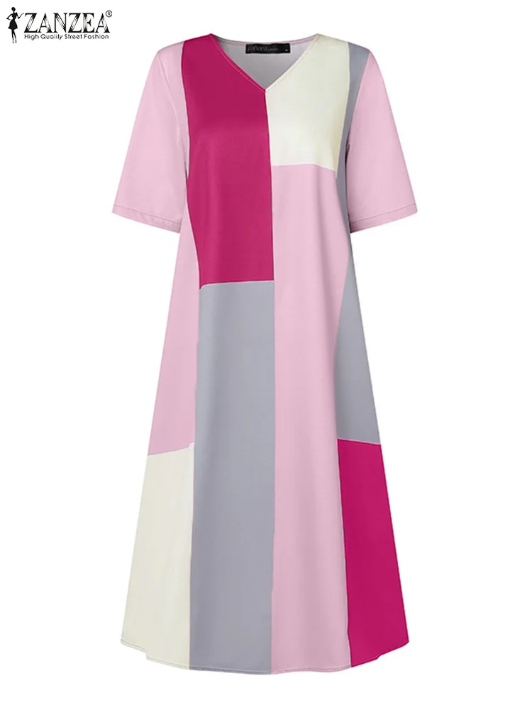 ZANZEA Kausalen Kurzarm Midi Kleider Frauen Colorblock A-line Sommerkleid 2024, Mode V-ausschnitt Robe Vintage Pendeln Vestido