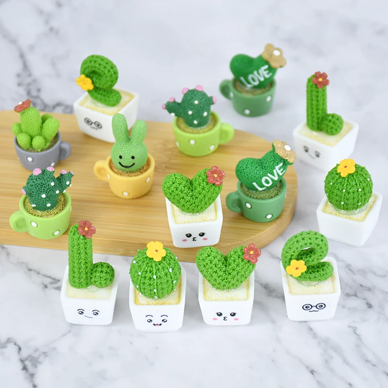 4Pcs Mini Cactus Ornament Resin Micro Landscape Figurines Garden Plants Potted Statue Car Decoration