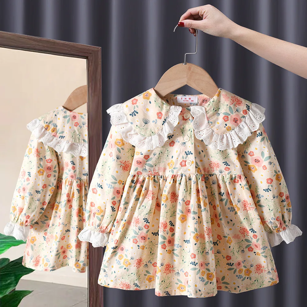 Girl's Floral Long Sleeved Korean Version Casual Princess Dress For Children Spring Autumn Holiday Pastoral Simplicity Clothes