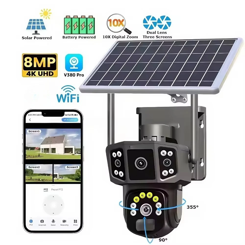 

V380 Pro 4MP HD 4G Dual Lens CCTV Camera Motion Detection Solar PTZ SIM Card Low Power Battery IP HD Waterproof Camera