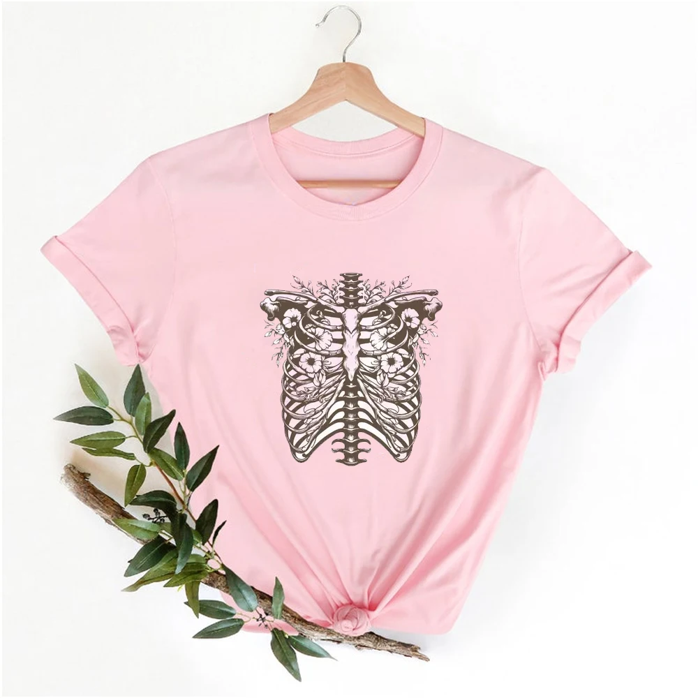 T-shirt Rib Jos pour femmes, Modules floraux, ChimFloral Skull, Cadeau d'art d'anatomie, Vibes effrayantes, Homme et femme