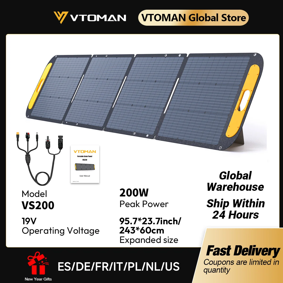 VTOMAN VS200 starres faltbares Solarpanel, hocheffizientes tragbares 19 V 200 W Solarpanel-Set für Reisen, Telefon und Boot