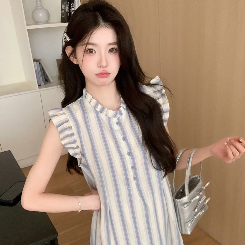 2025 ชุดคลุมท้องลายทาง - ชุดเดรสทรงเอแขนกระพือผ้าลินินระบายอากาศสําหรับหญิงตั้งครรภ์ชุดฤดูร้อนความยาวกลางอินเทรนด์