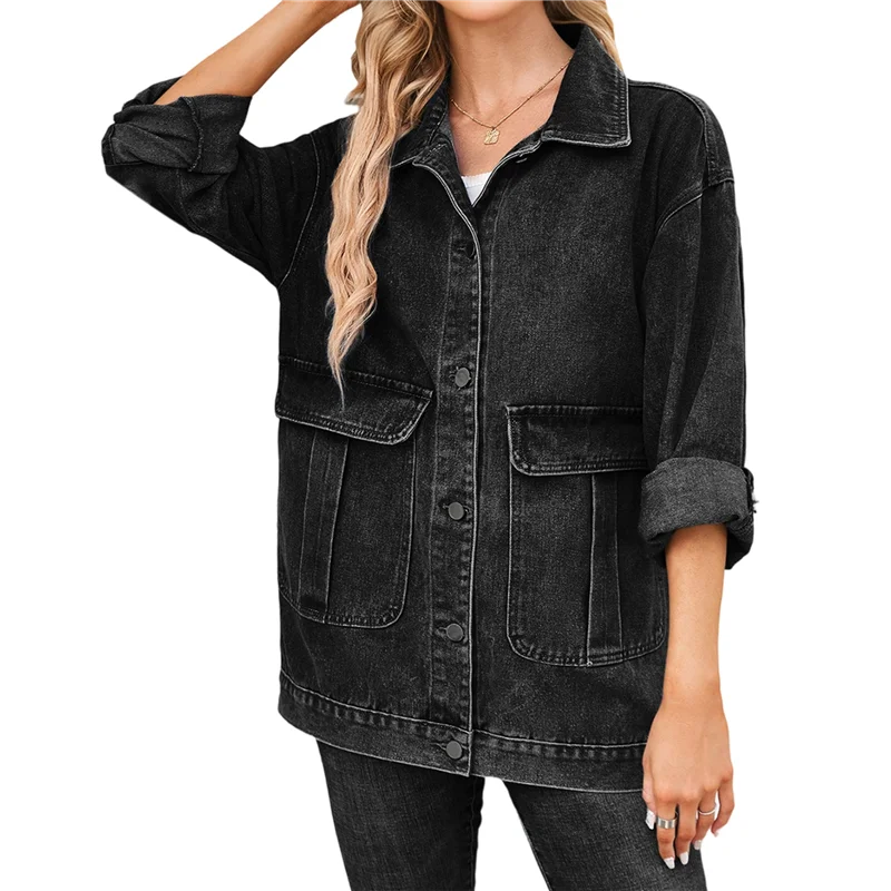 ABGR-Giacca di jeans da donna abbottonata Giacca di jeans blu vintage invecchiata nera grigia L