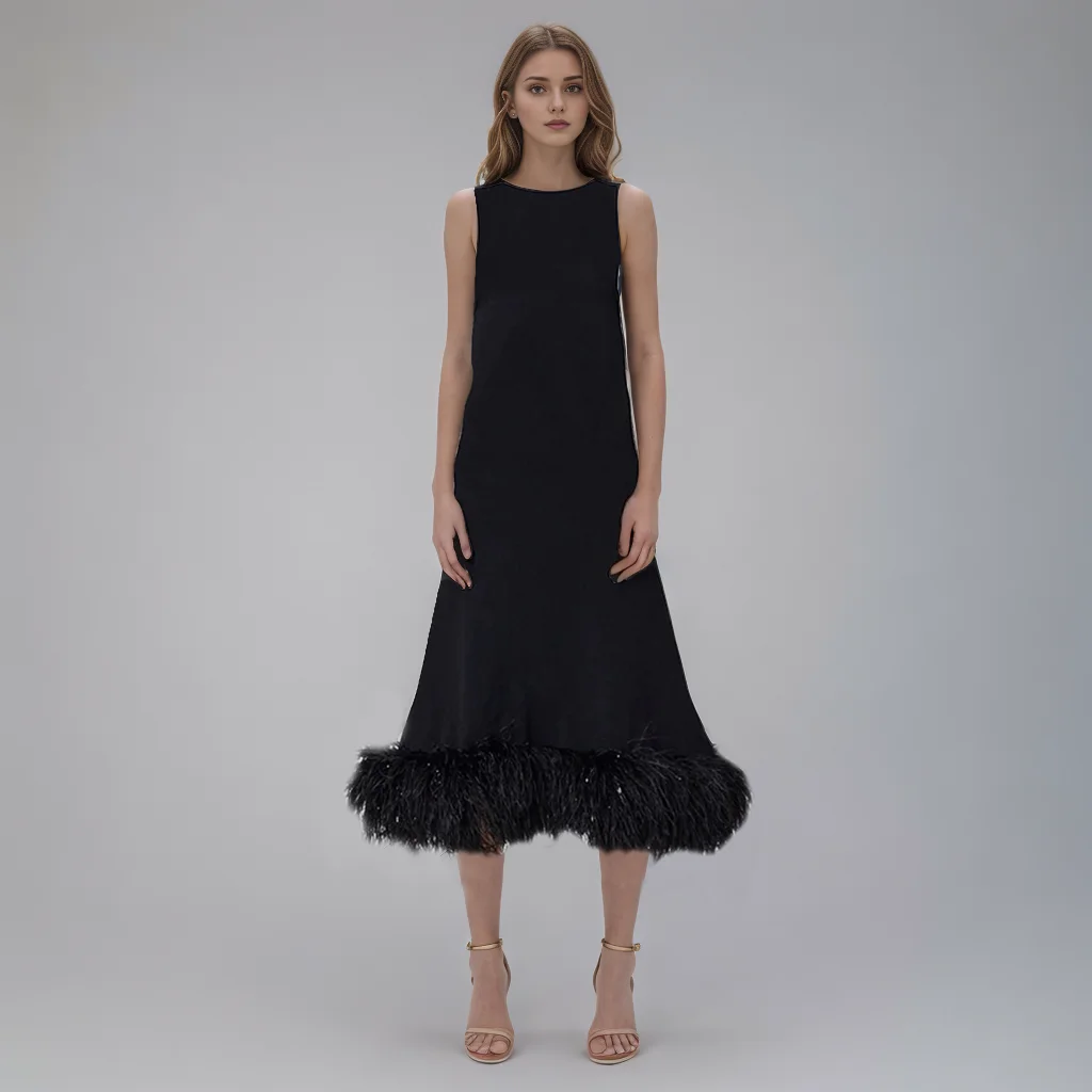 Effen Patchwork Veren Jurk Voor Vrouwen Ronde Hals Mouwloze Hoge Taille Gesplitst Veterjurk Elegante Jurken Dames Nieuw