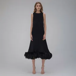 Solid Patchwork Feathers Dress For Women Round Neck Sleeveless High Waist Spliced Lace Up Elegant Dresses Female New