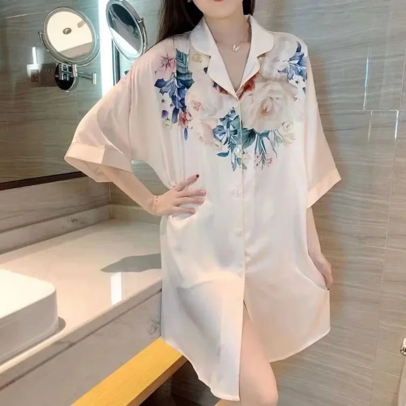 

Nightdress Female Loose Large Size Shirt Dress Set Can Be Worn Outside Loungewear Comfort New Style Summertime Thin Light Luxury