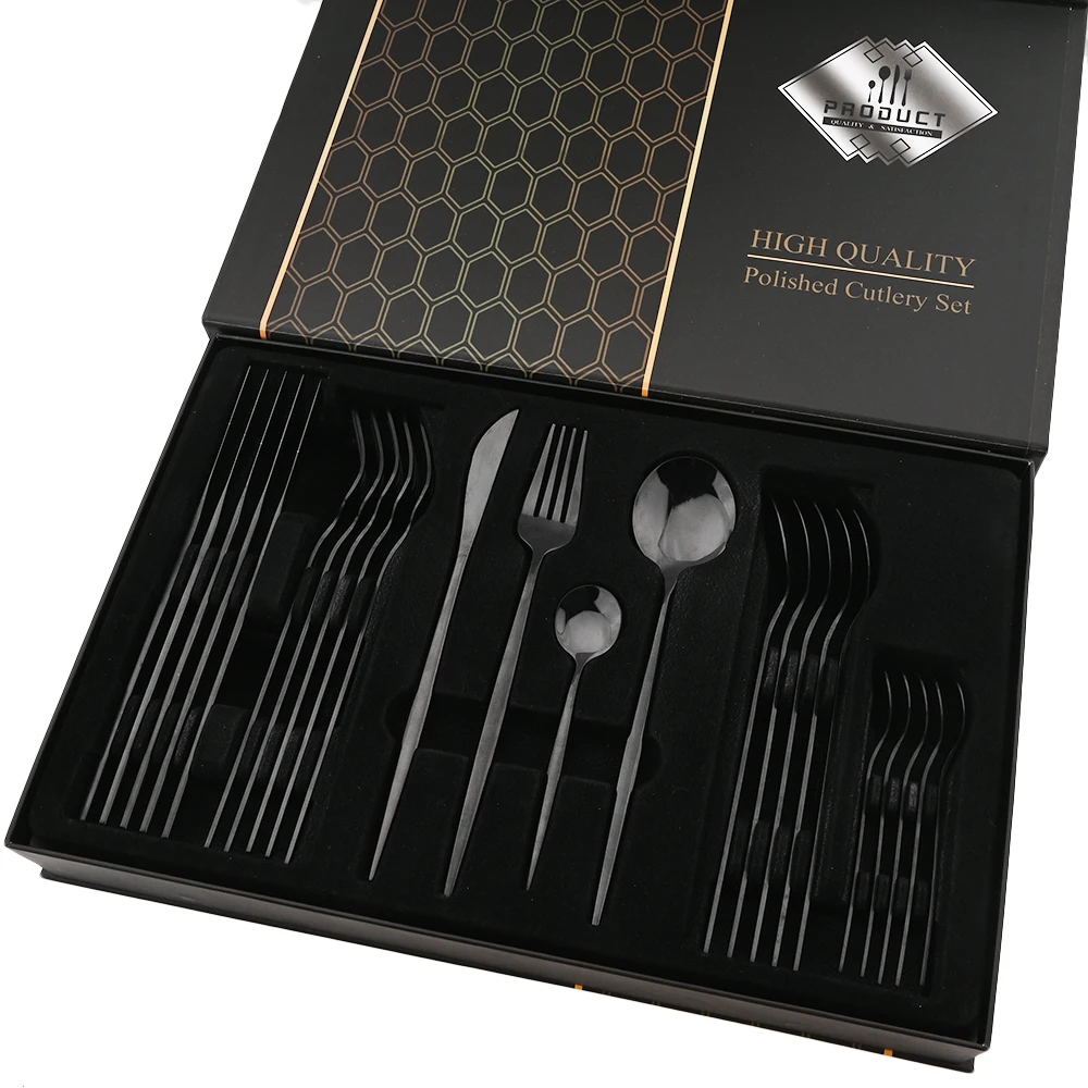 Drmfiy 24P Cutlery Stainless Steel Set Knife Fork Spoon Flatware Black Tableware Set Gift Box Dinnerware Dishwasher Kitchenware