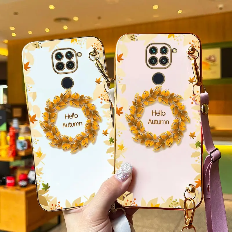 Autumn Reath Lanyard Plating Phone Case For Xiaomi Redmi Note 9 9S 9T 9Pro 8 8Pro 10 8T 10T 10S 10Pro 11SE 11TPro 11 12R Cover