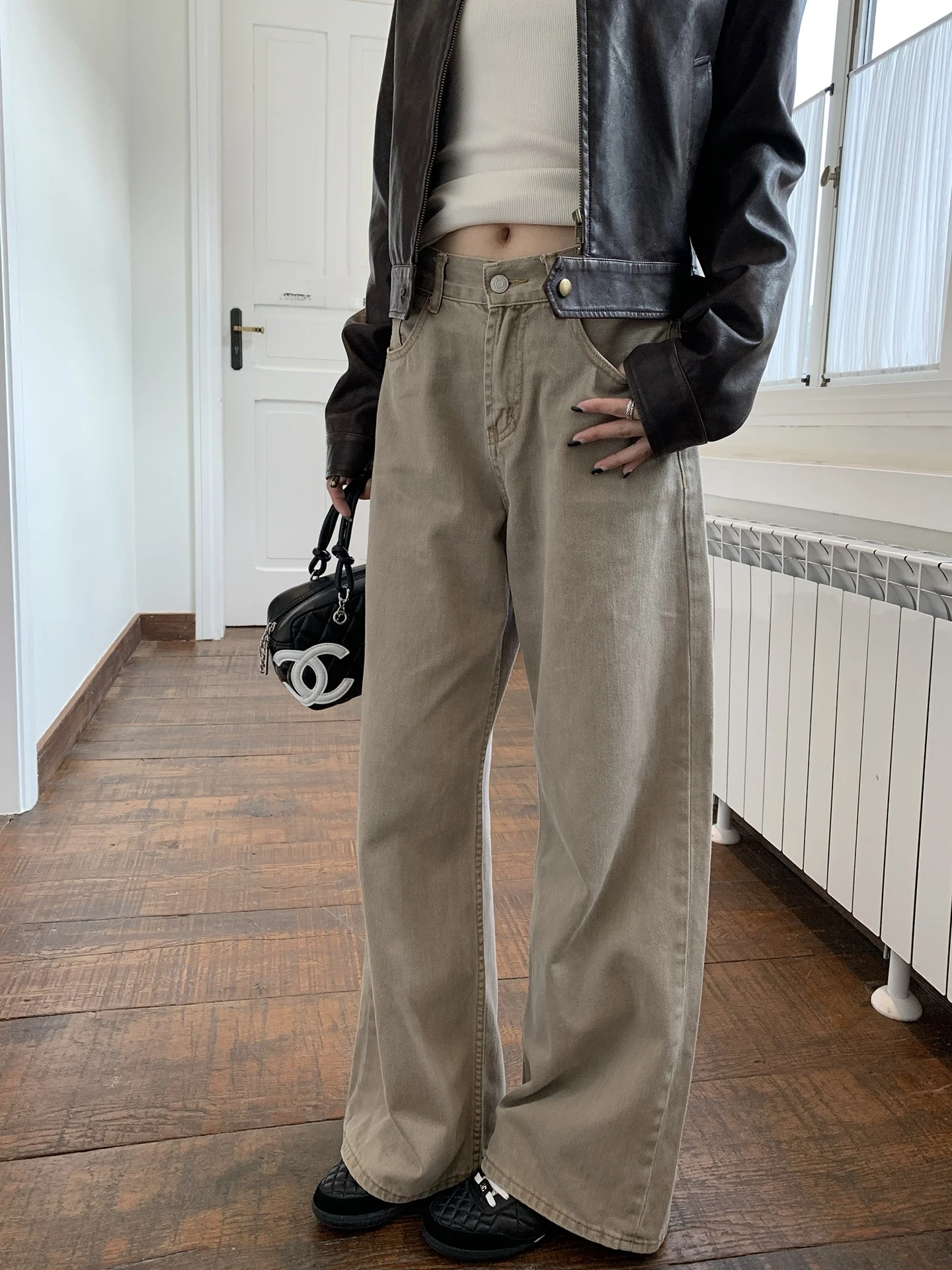 

Джинсы с высокой талией, прямые, широкие, женские, повседневные, осенне-зимние, из смесового хлопка, на молнии, универсальные, J...