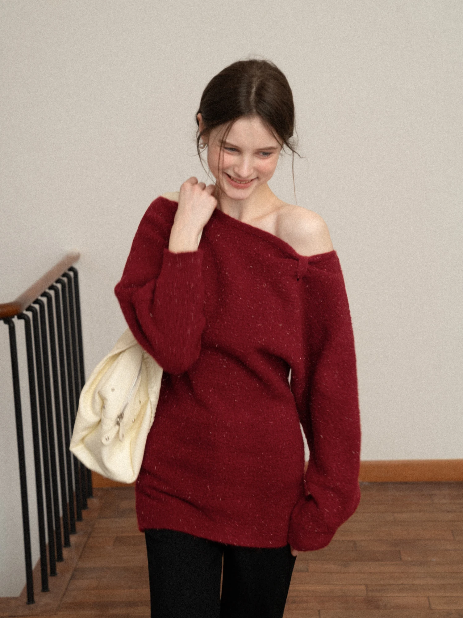 

Eggka Red Knitted Thiened Winter Dr Women's Slimming Design ort Skirt oulder Twist Casual Loose Fit Long Sve Dr