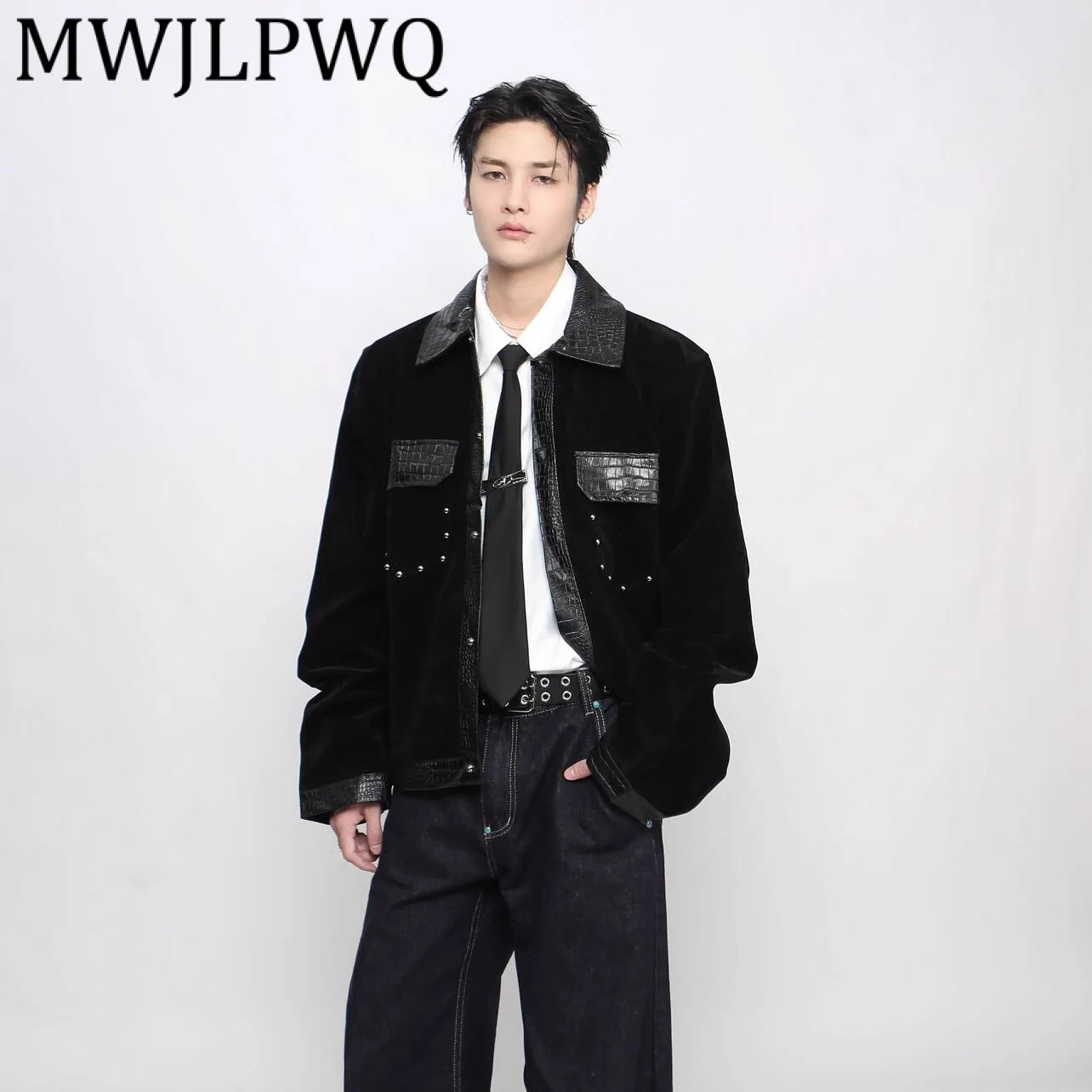 

MWJLPWQ American Cleanfit Pattern Leather Patchwork Jacket Men's Autumn High-End Streetwear Lapel Long Sleeve Casual Coat 21186