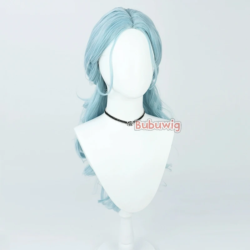 Rambut sintetis Bubuwig Hinomori Shizuku wig Cosplay proyek Sekai: kaus panggung warna-warni. Wig biru muda bergelombang 72cm tahan panas